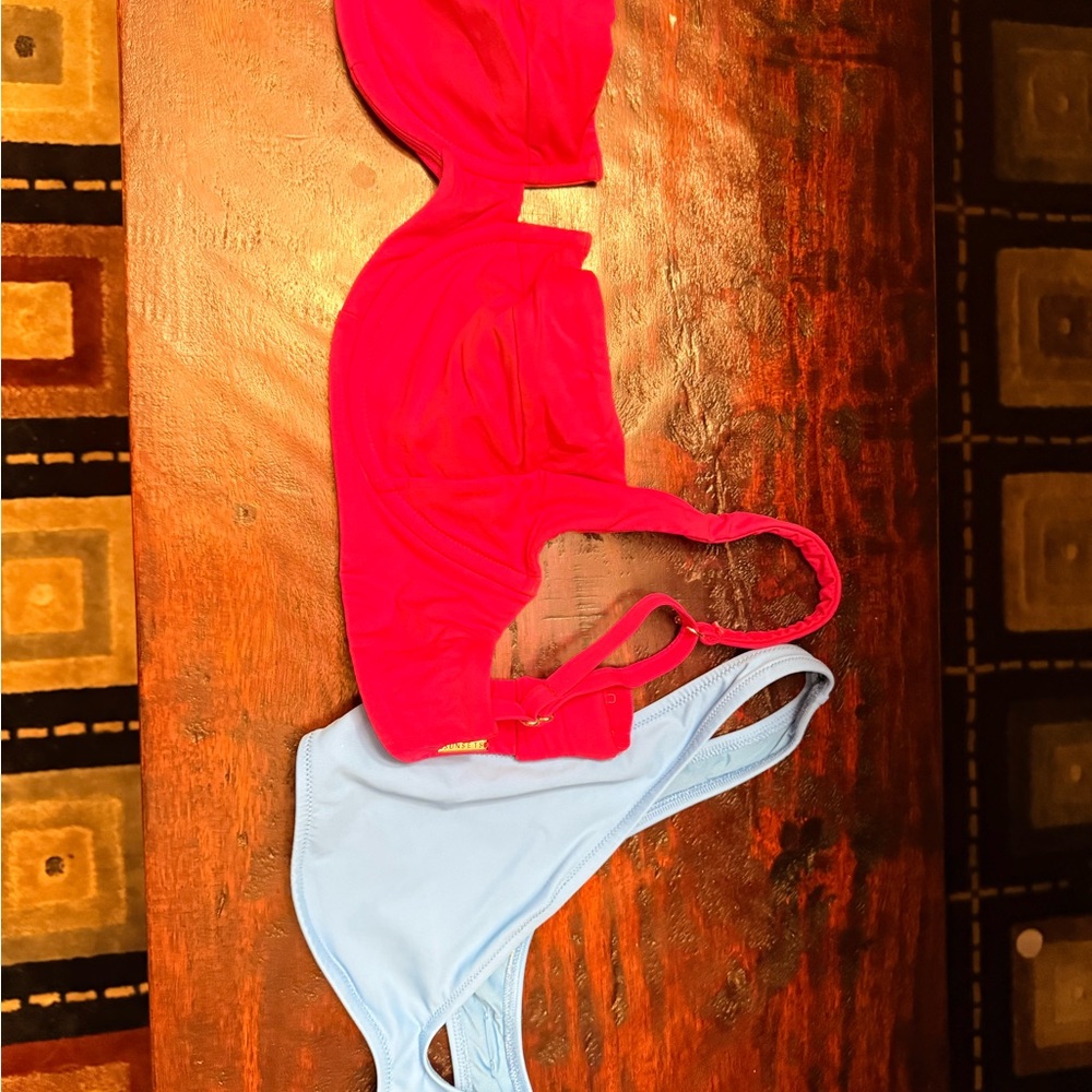 SKIMS Red and Light Blue Bikini Set